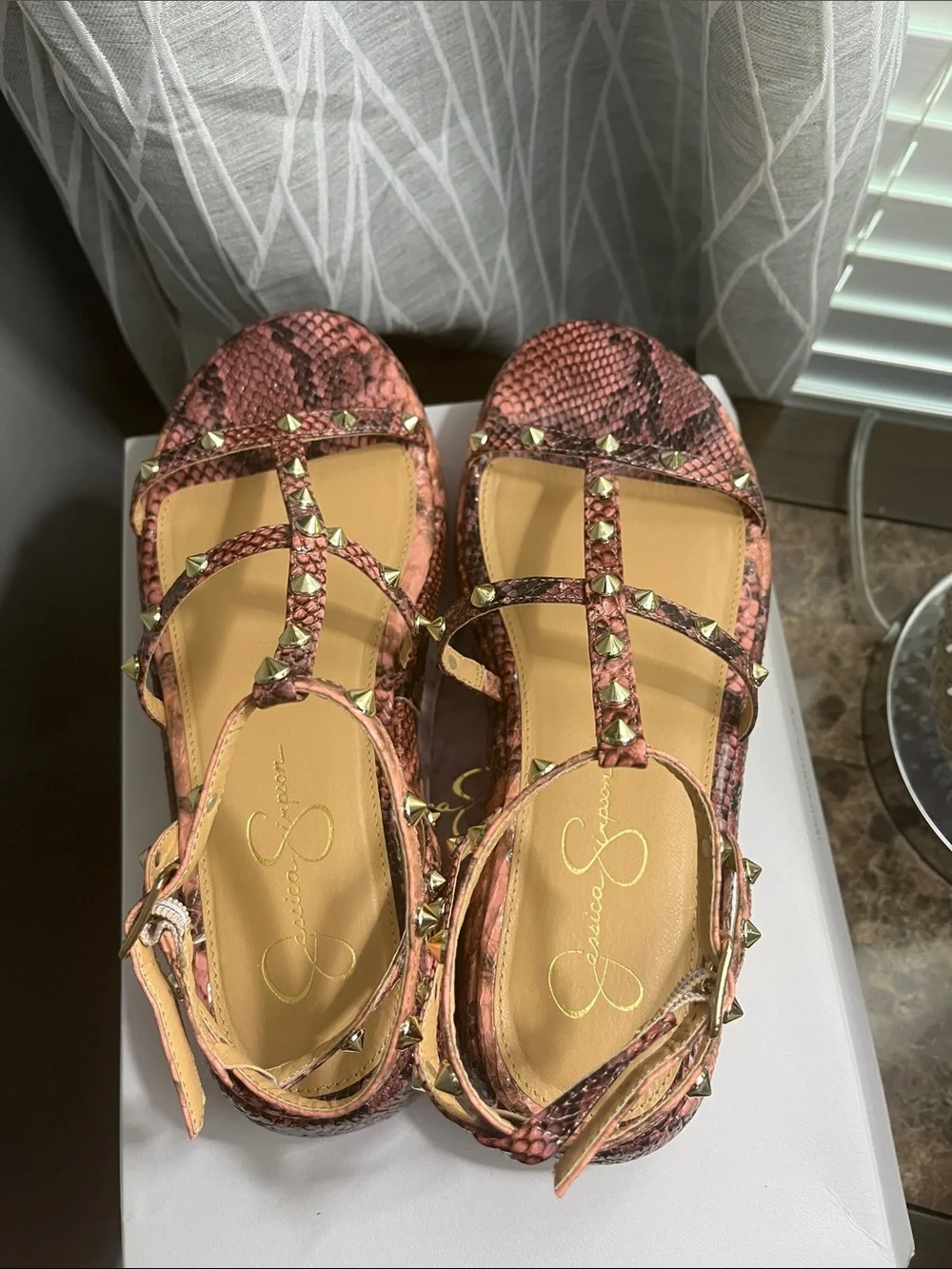Jessica Simpson Rose Pink Snake-Print Platform Sandals
